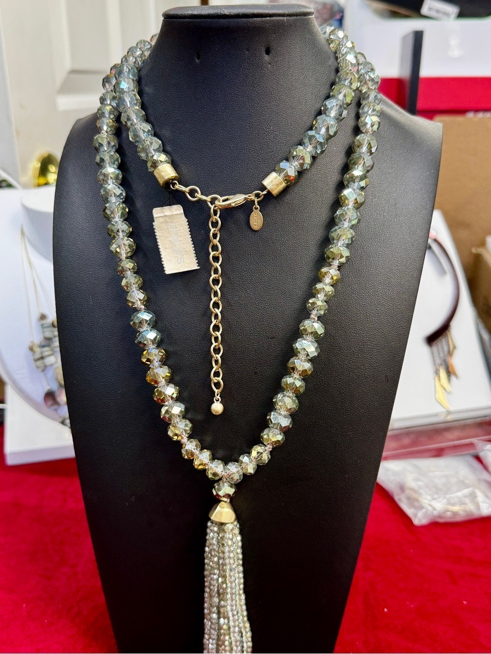 Chico's Iridescent Light Green Crystal Bead Necklace with Gold Tassel